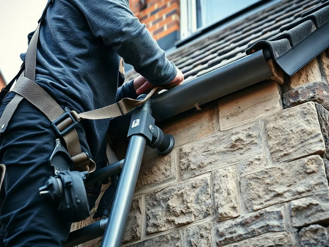 A roofer in a safety harness on a two-section ladder securing a new cast iron downpipe bracket into sandstone masonry, the lead flashing around a chimney stack visible on the pitched residential roof in the upper background.