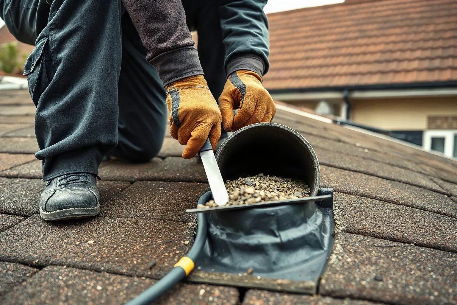 A roofer in full workwear crouching at the shoe of a downpipe at ground level and using a metal roofing trowel to clear compacted debris from the outlet, the pitched clay tile roof of the detached suburban house rising behind them.