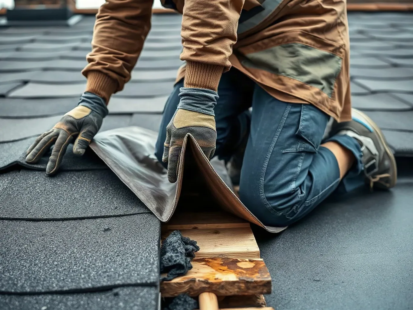 A person in work gloves kneels on a roof, lifting the edge of a dark roofing shingle to inspect or replace the underlayment beneath