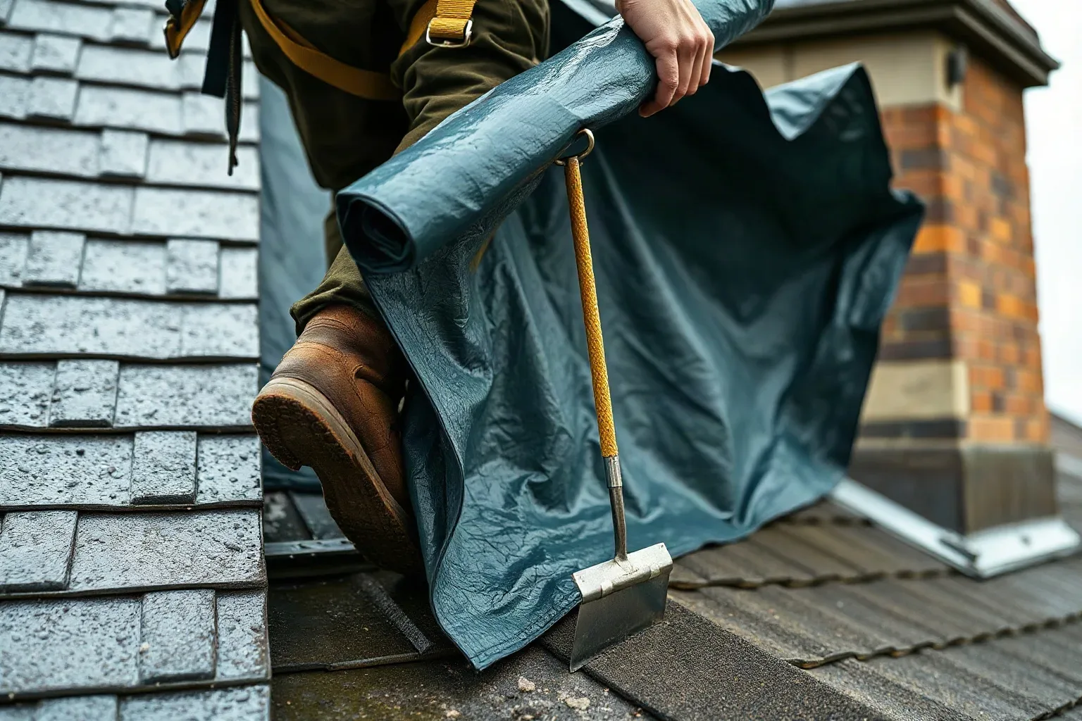 A roofer in a safety harness stepping onto a flat dormer roof carrying a rolled heavy-duty tarpaulin and a metal roofing trowel in preparation for emergency weatherproofing on a wet overcast day.