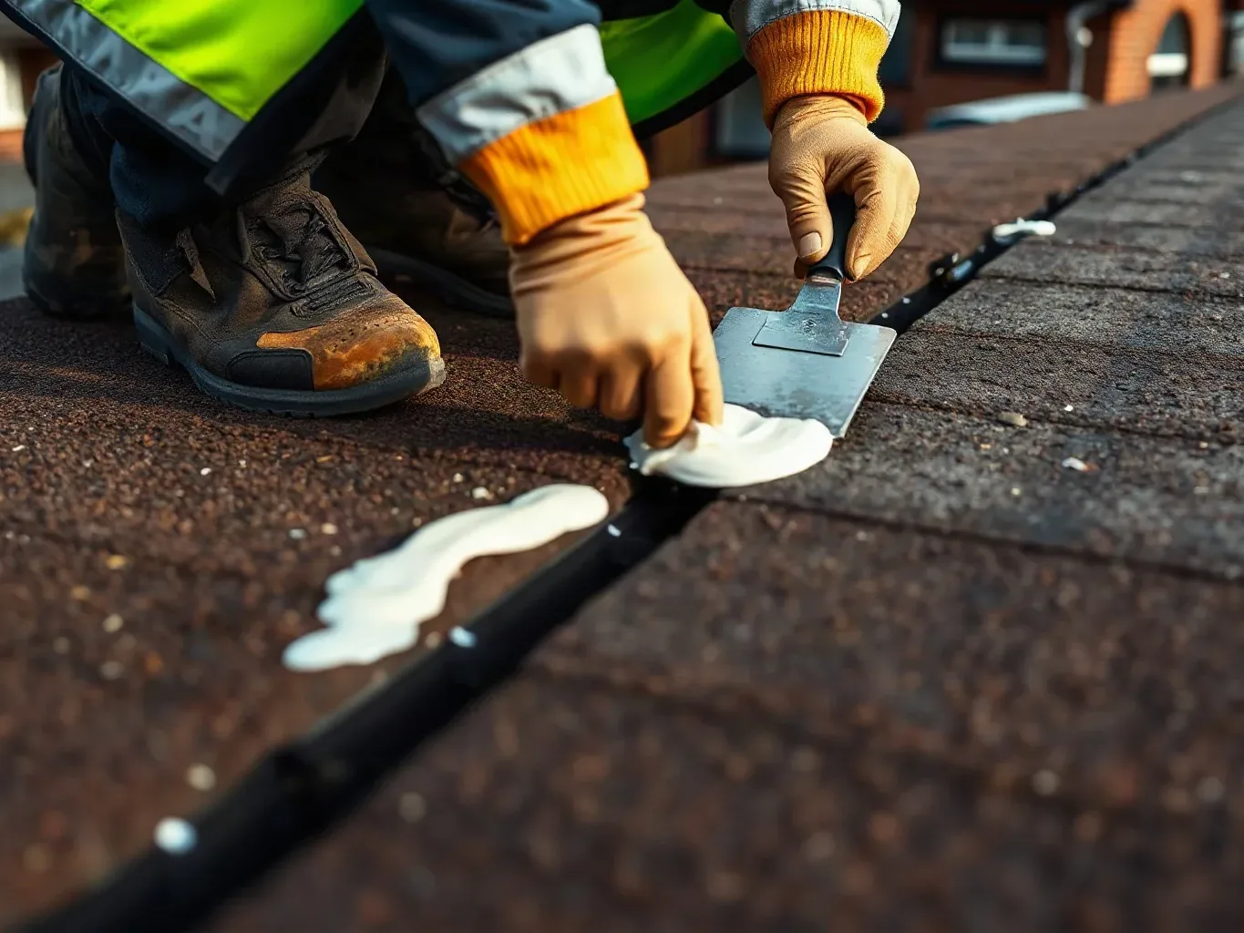 A worker in a hi-vis jacket and gloves applies white sealant along a seam on an asphalt-shingle roof using a putty knife