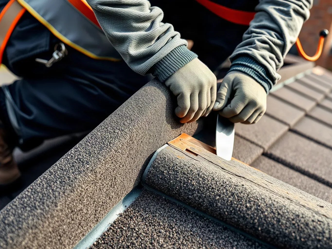 A person in workwear and a safety harness uses a flat blade to lift roofing felt along the ridge of a tiled roof