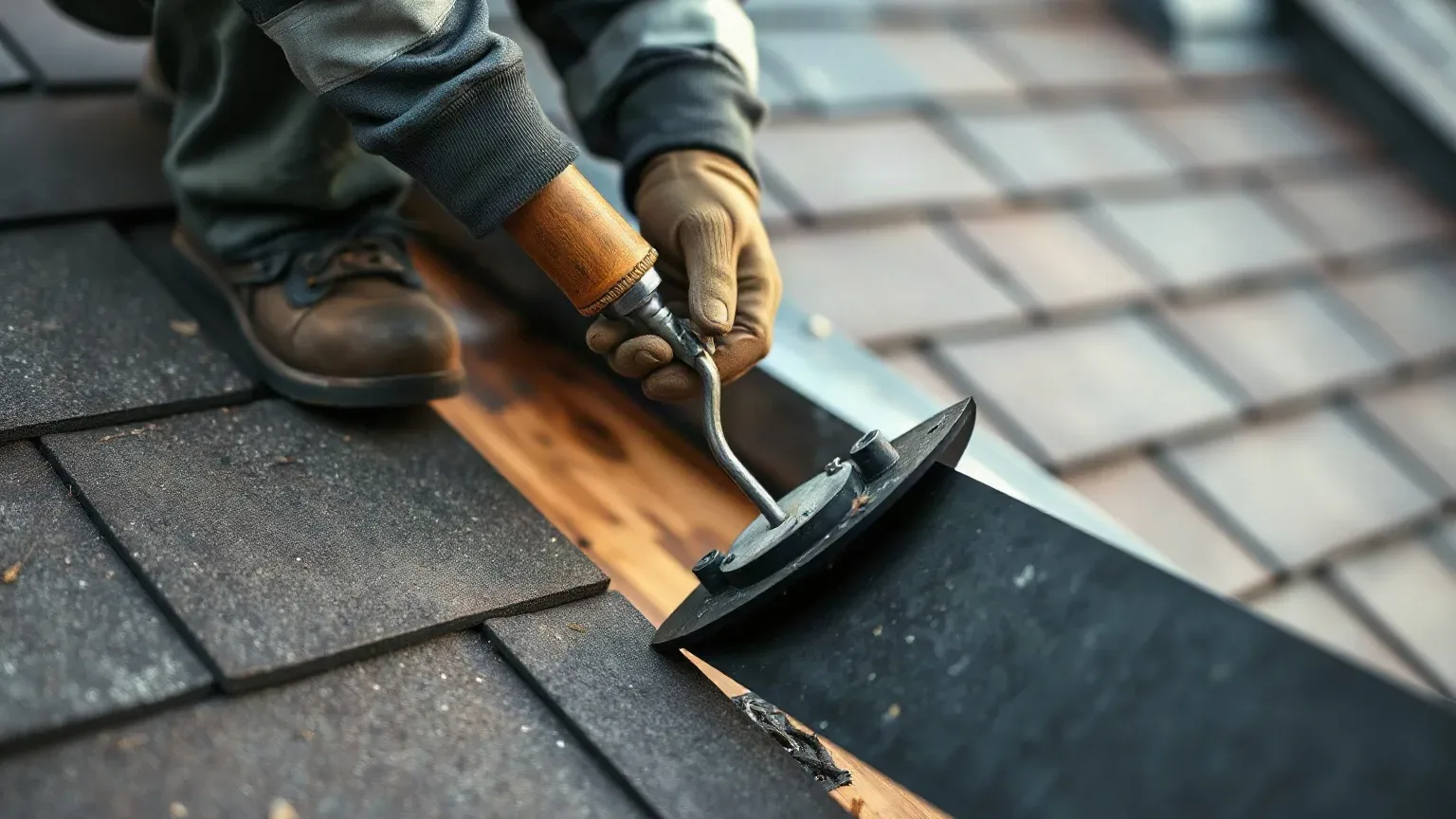 A roofer in full workwear using a slate ripper tool to carefully cut away a deteriorated section of flat roof felt membrane on a rear extension roof, exposing the decking beneath for inspection.