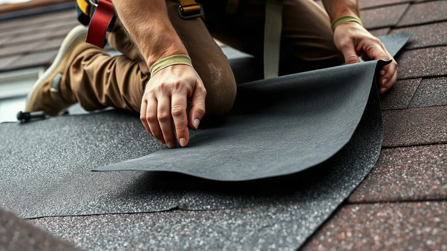 A worker wearing a safety harness lays roofing felt underlayment across asphalt shingles on a sloped roof