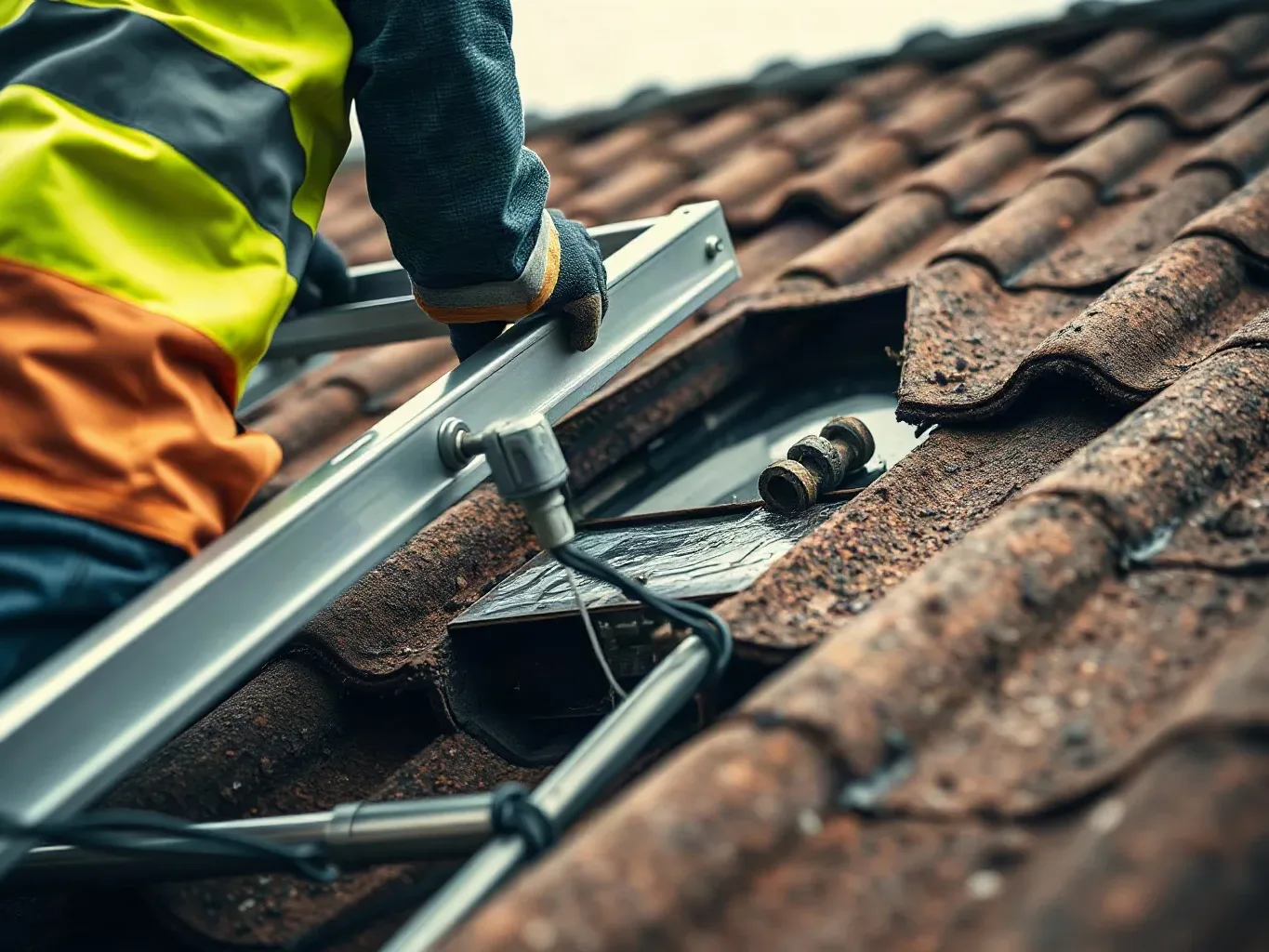 A worker in a high-visibility jacket and gloves positions a metal rail on an aged clay-tiled roof