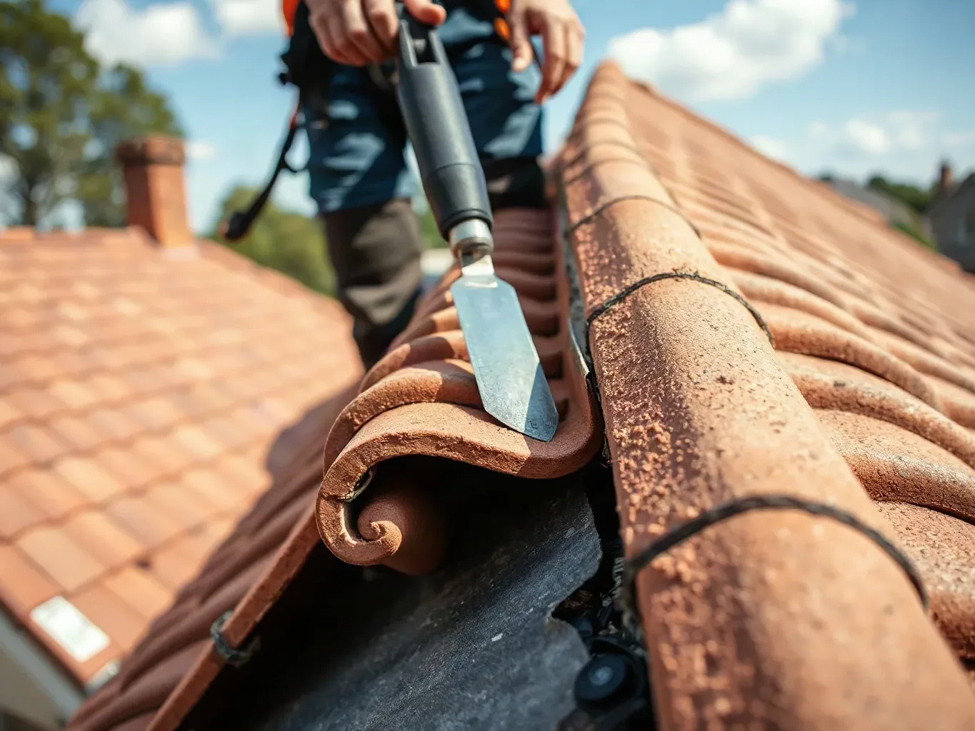 A person uses a metal trowel to lift and work on clay ridge tiles along the apex of a pitched roof, with a chimney stack and a second roof visible in the background