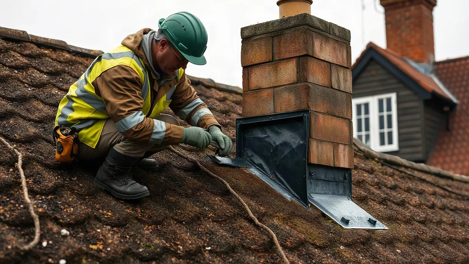 A worker in a hi-vis jacket and green hard hat crouches on a moss-covered pitched roof, working on lead flashing around a brick chimney stack