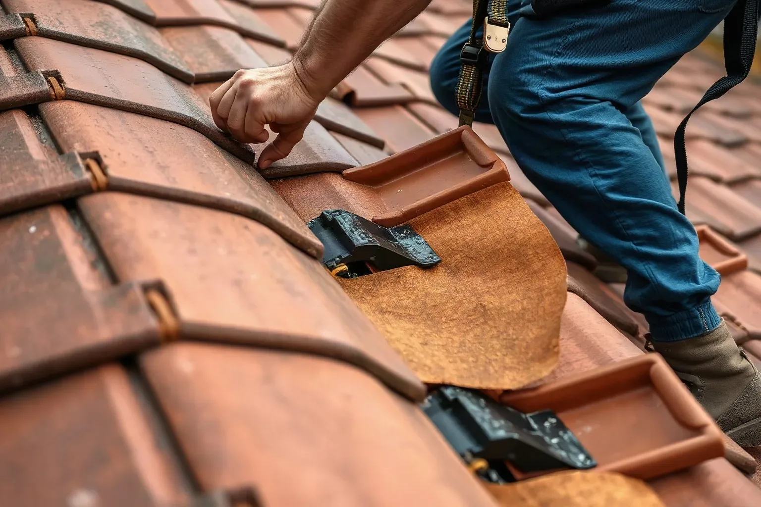 A person in blue workwear and a safety harness replaces a clay roof tile on a pitched roof, with roofing felt visible beneath the lifted tiles