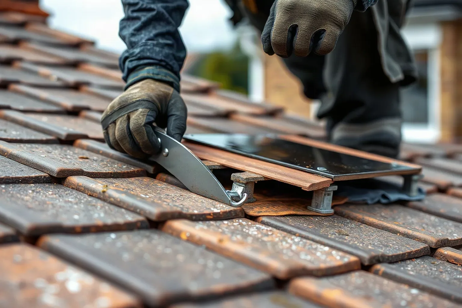 A roofer in workwear using a slate ripper tool to slide beneath a slipped clay tile on a pitched residential roof and release its fixing clip in preparation for replacement on an overcast afternoon.
