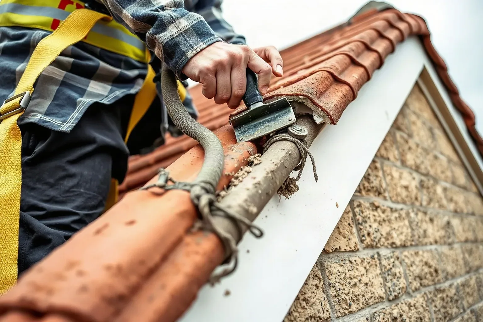 A person in a safety harness uses a hand tool to work on the guttering and clay roof tiles at the eave of a house