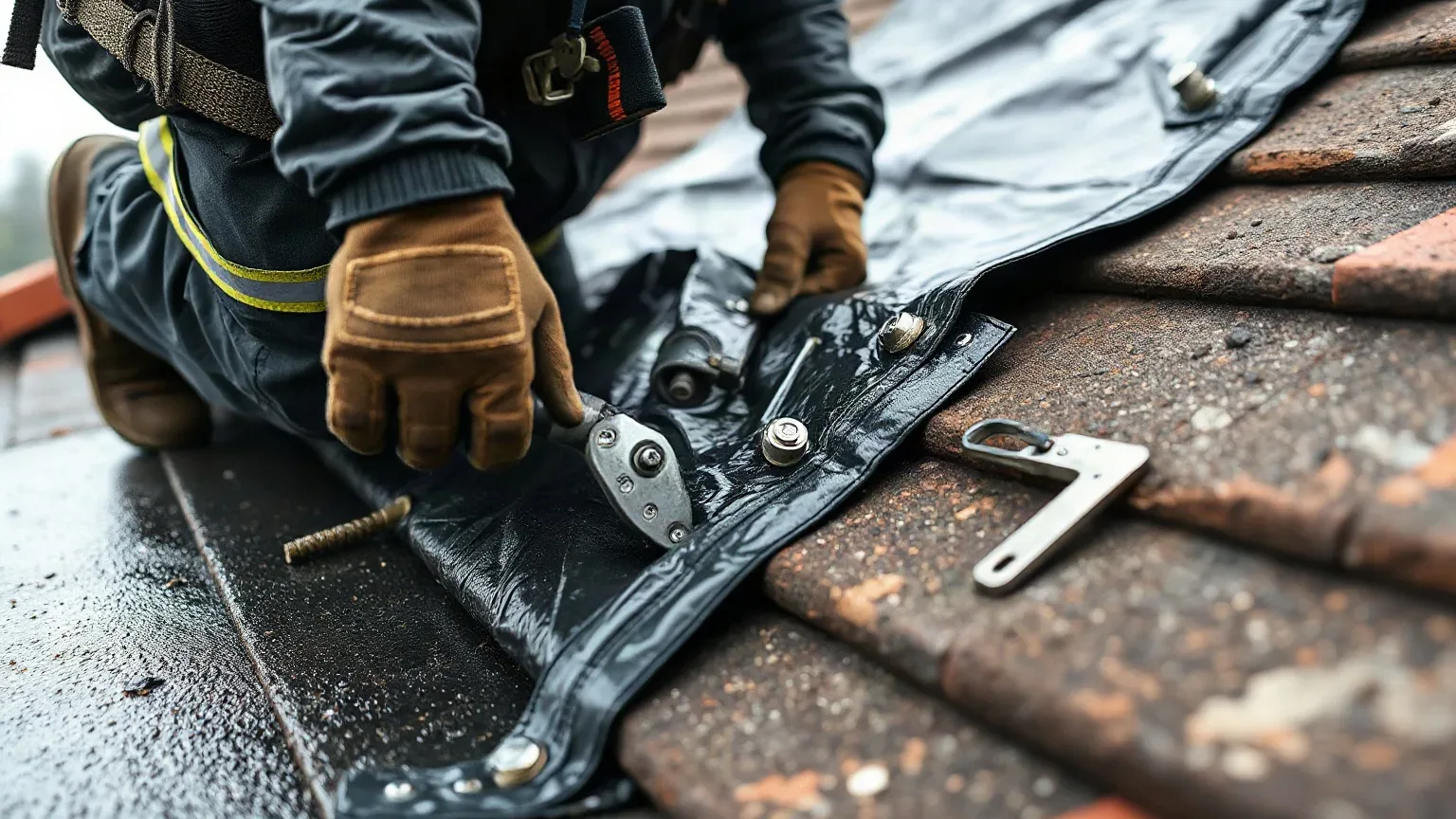 A roofer in full workwear driving a mechanical fixing through the edge of a heavy-duty tarp into the roof deck of a pitched residential roof to secure the tarpaulin against strong winds on a wet overcast day.