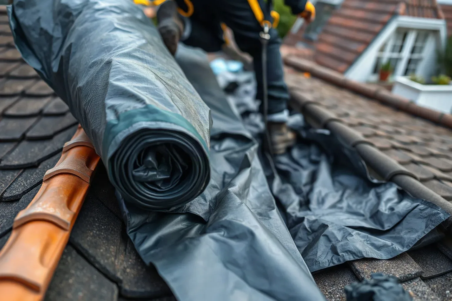 A roofer in a safety harness carrying a rolled heavy-duty tarpaulin up a pitched residential roof slope, with clay tiles visible on either side of the exposed roofing felt underlayment section to be covered.