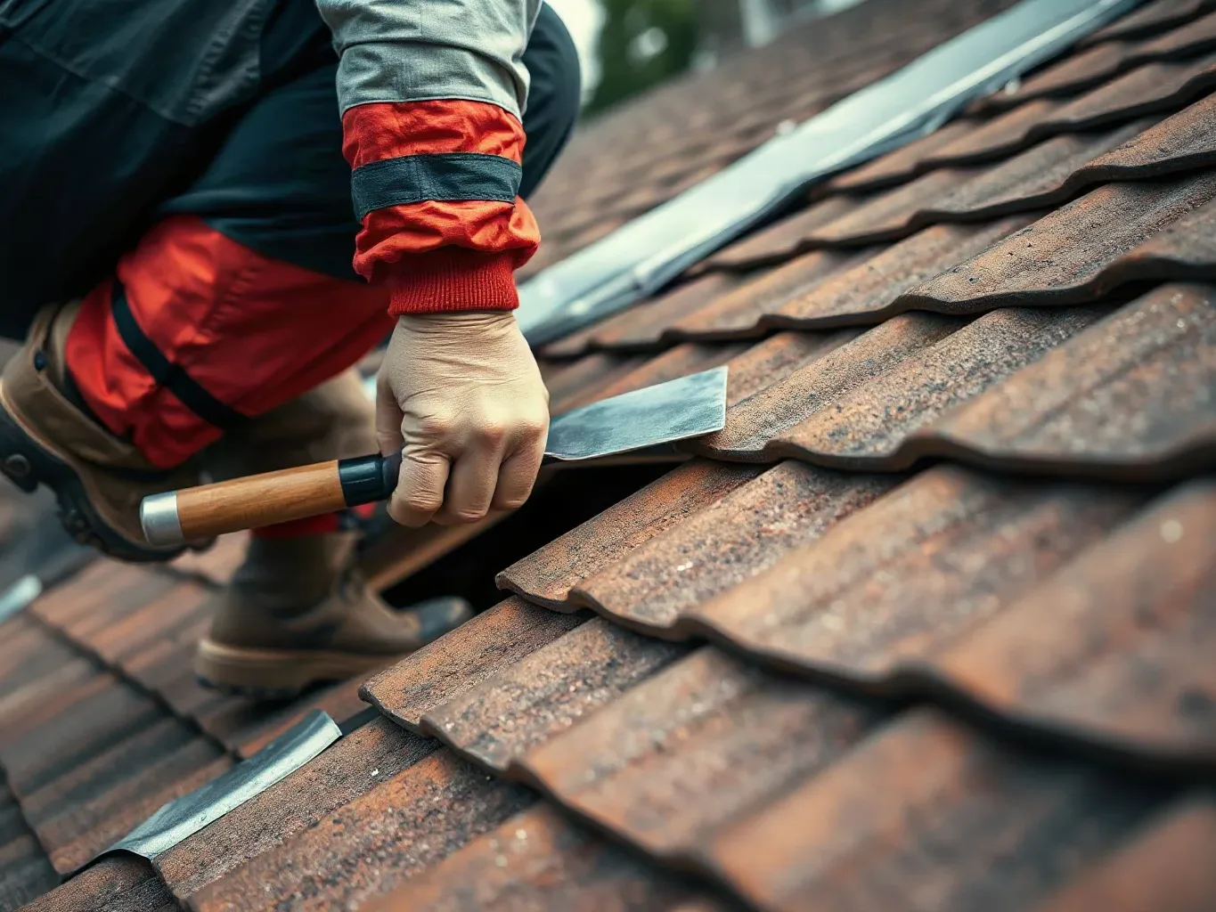 A roofer in workwear crouching on a steep pitched residential roof and using a metal roofing trowel to tuck the edge of a tarpaulin firmly beneath a clay tile course to create a sealed lower edge.