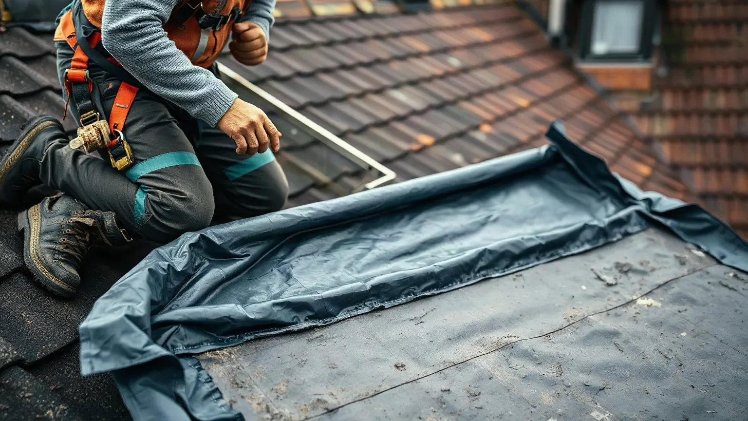 A roofer in a safety harness kneeling on a pitched residential roof and smoothing a large reinforced tarpaulin flat across an area of exposed roofing felt underlayment where clay tiles have been displaced in a storm.
