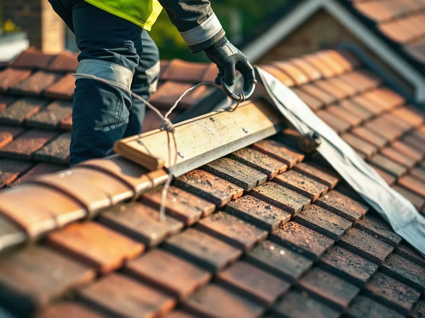 A roofer in full workwear standing at the ridge of a pitched residential roof and checking that the upper edge of a fitted tarpaulin is held firmly in place by a weighted batten over the clay ridge tile course.
