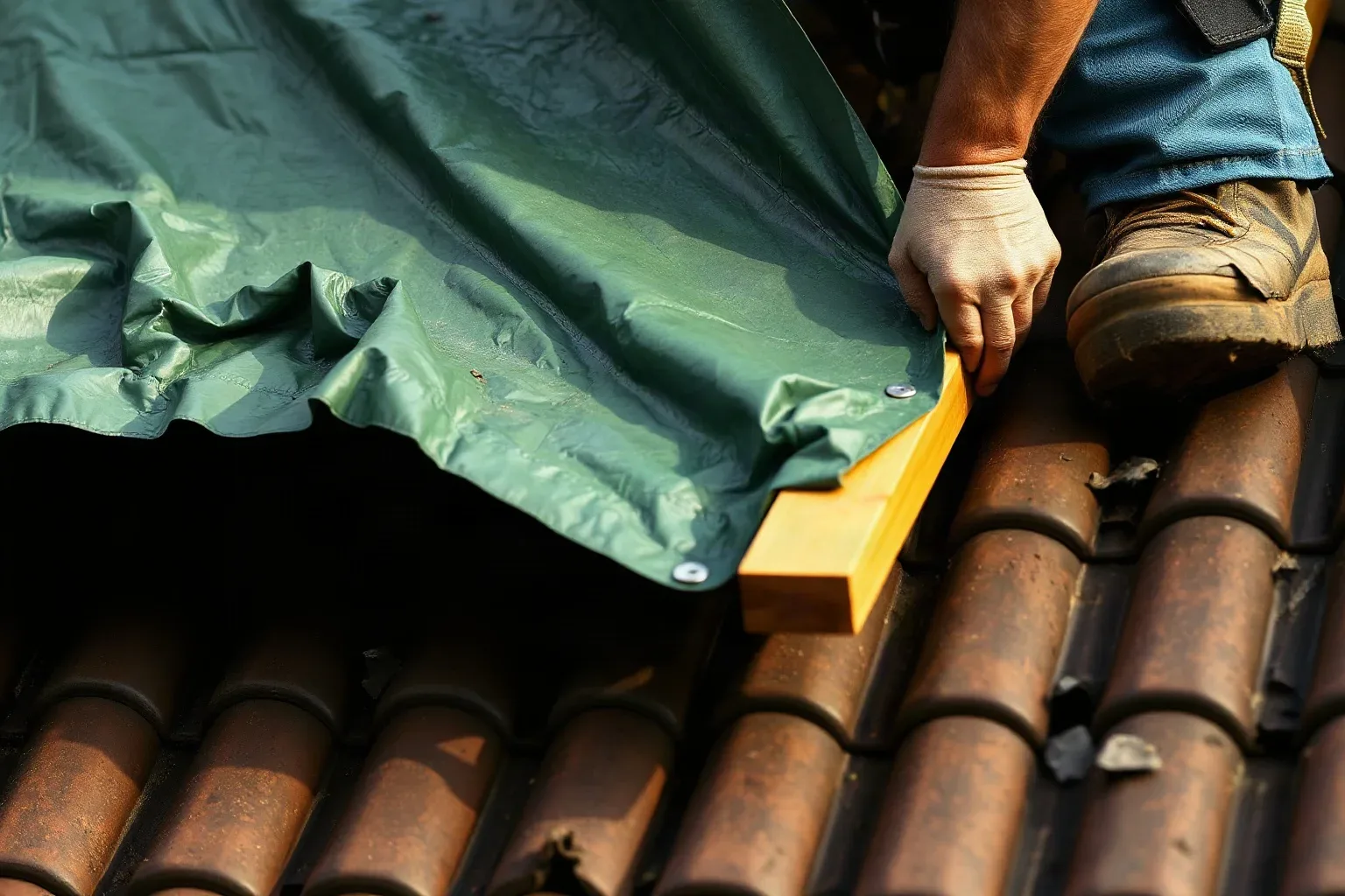 A roofer in a safety harness pulling the corner of a heavy-duty tarpaulin taut across a pitched residential roof and securing it with a timber batten hammered flat against the clay tile surface below.