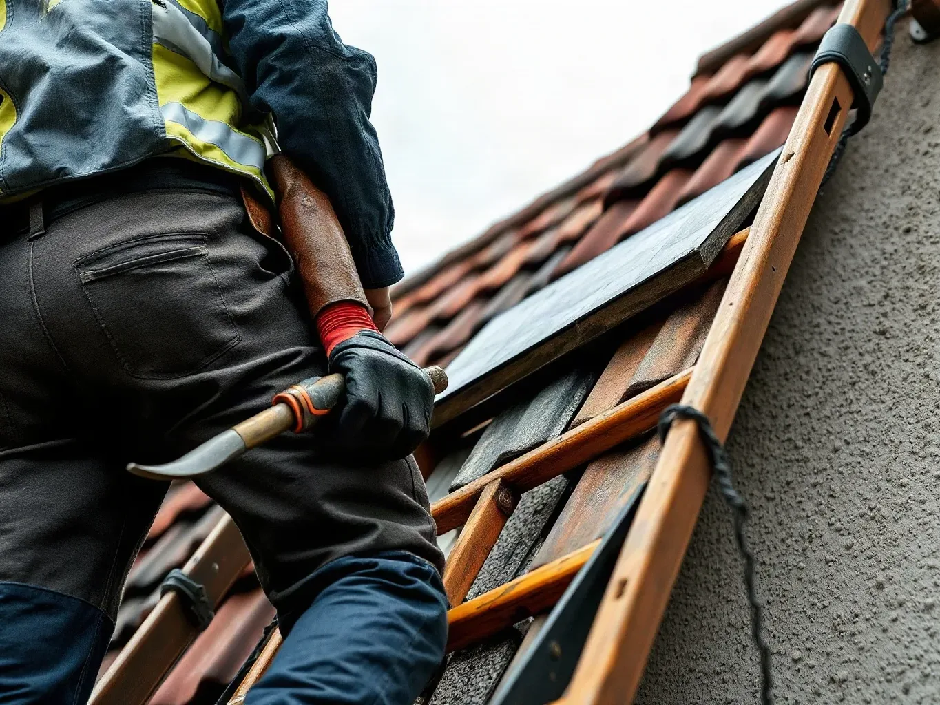 A roofer in full workwear ascending a ladder against a pitched residential roof, carrying a slate ripper tool on the belt, prepared to inspect a section of displaced clay tiles on an overcast day.