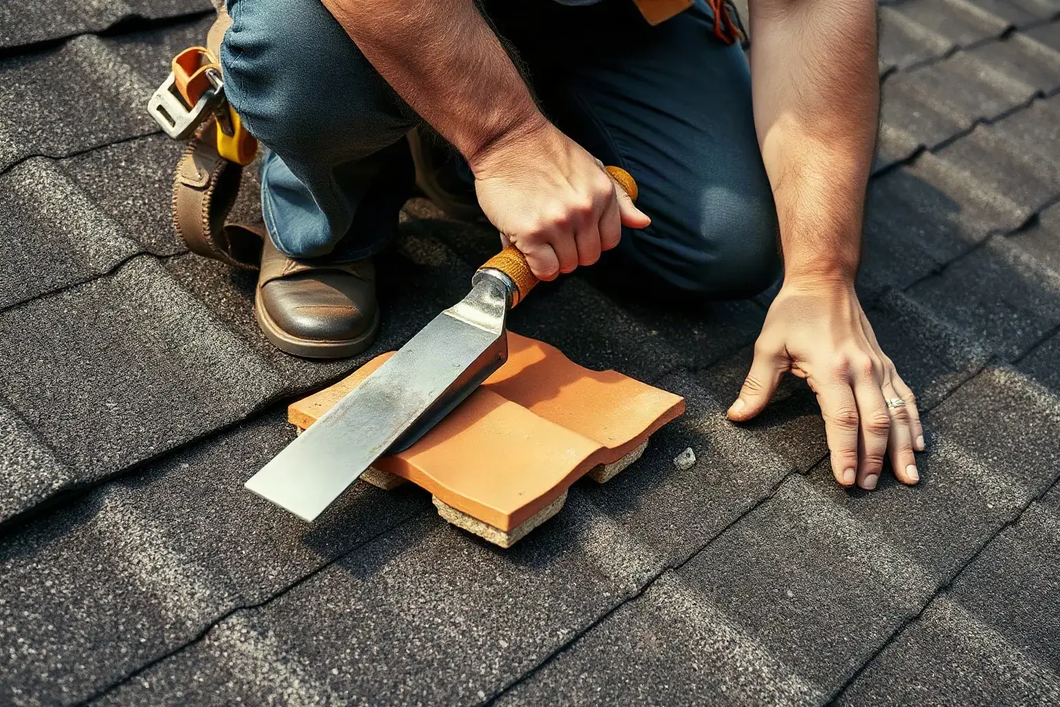 A roofer in a safety harness crouching on a pitched residential roof and using a metal roofing trowel to re-bed a clay tile that has been lifted from its mortar seating during a storm callout.