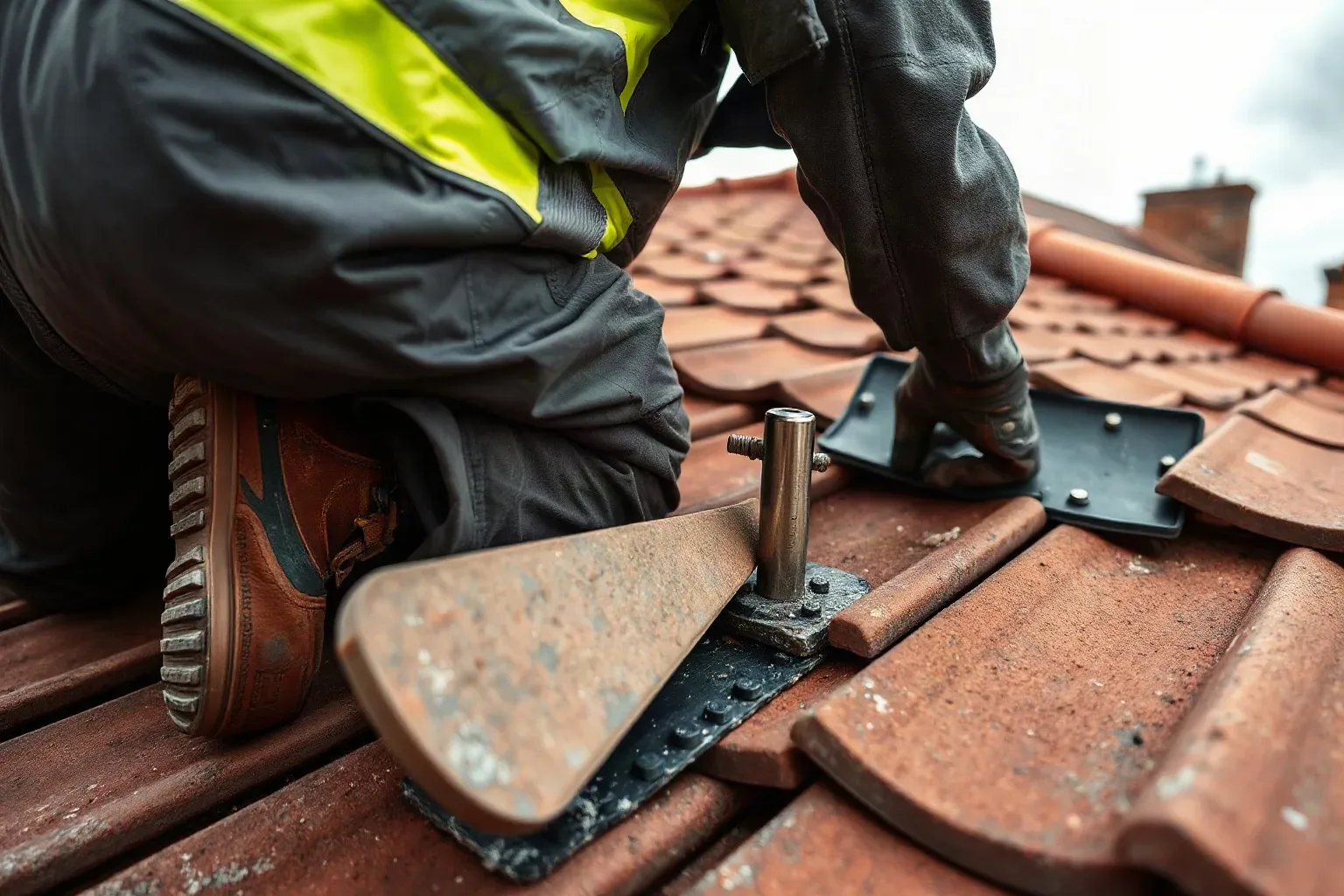 A roofer in workwear kneeling on a pitched residential roof and using a slate ripper tool to slide beneath a stubborn clay tile and release the old fixing clip before sliding in a new tile.