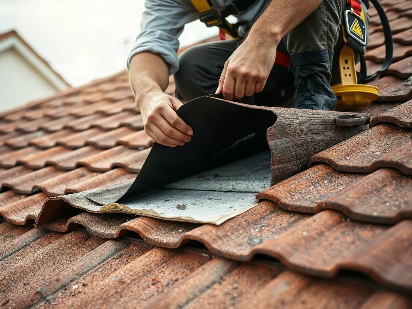 A roofer in a safety harness crouching on a pitched residential roof and pressing roofing felt underlayment flat beneath a section of clay tiles that have been temporarily lifted to assess subsurface water damage.