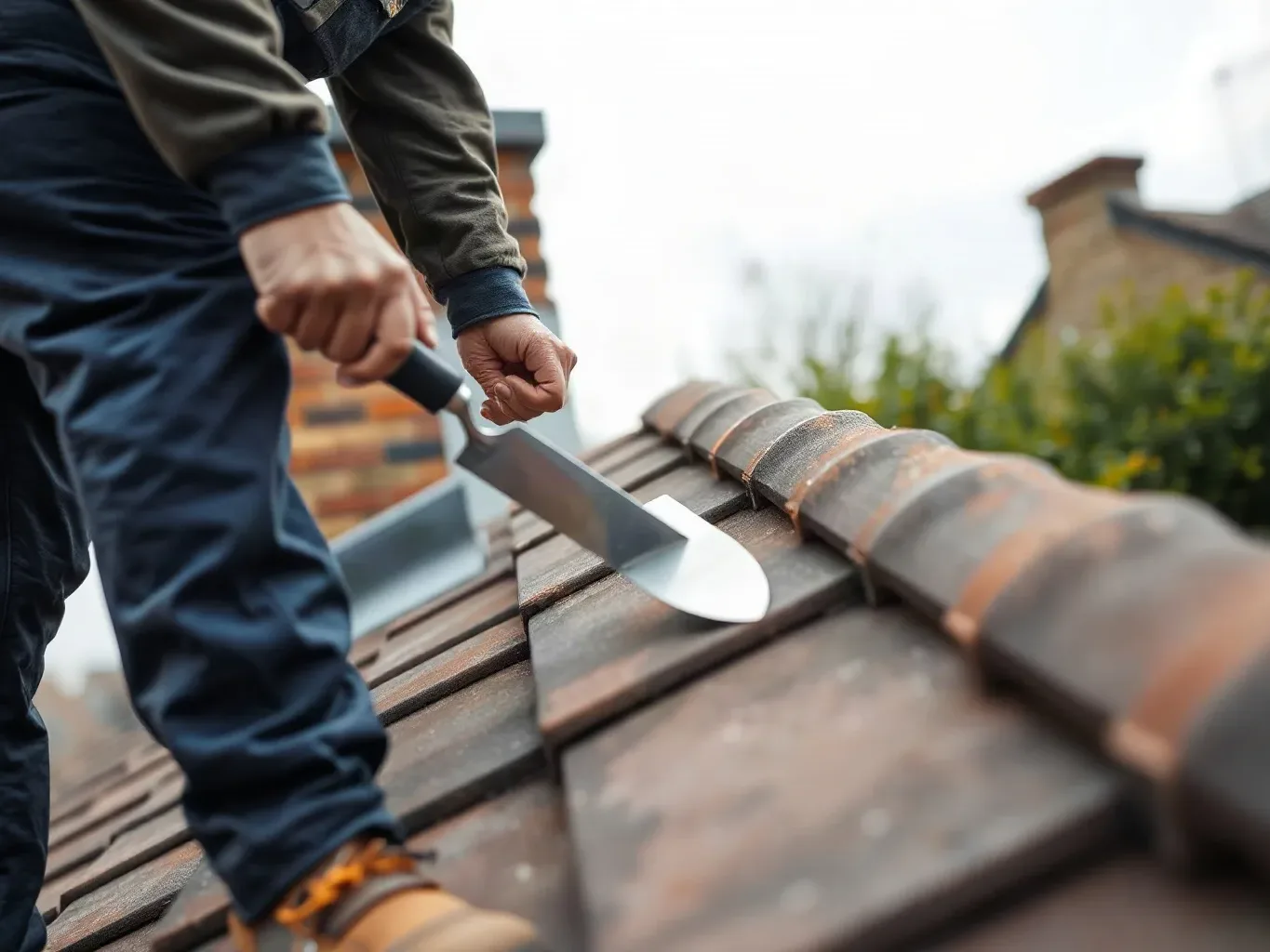 A roofer in full workwear standing on a pitched residential roof beside a chimney stack and applying lead flashing sealant with a metal roofing trowel at the junction where the flashing has begun to lift.