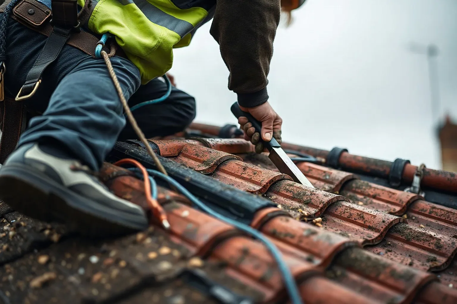 A roofer in a safety harness at the apex of a pitched residential roof replacing a clay ridge tile and pressing it down firmly onto a bed of fresh mortar applied with a roofing trowel on a grey overcast day.