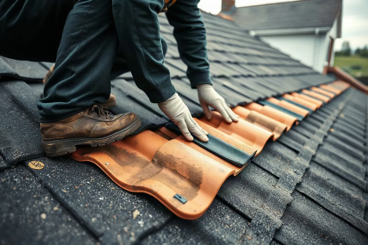A roofer in full workwear crouching on a pitched residential roof and pressing the edge of roofing felt underlayment back down beneath a section where several clay tiles have come loose in wind damage.