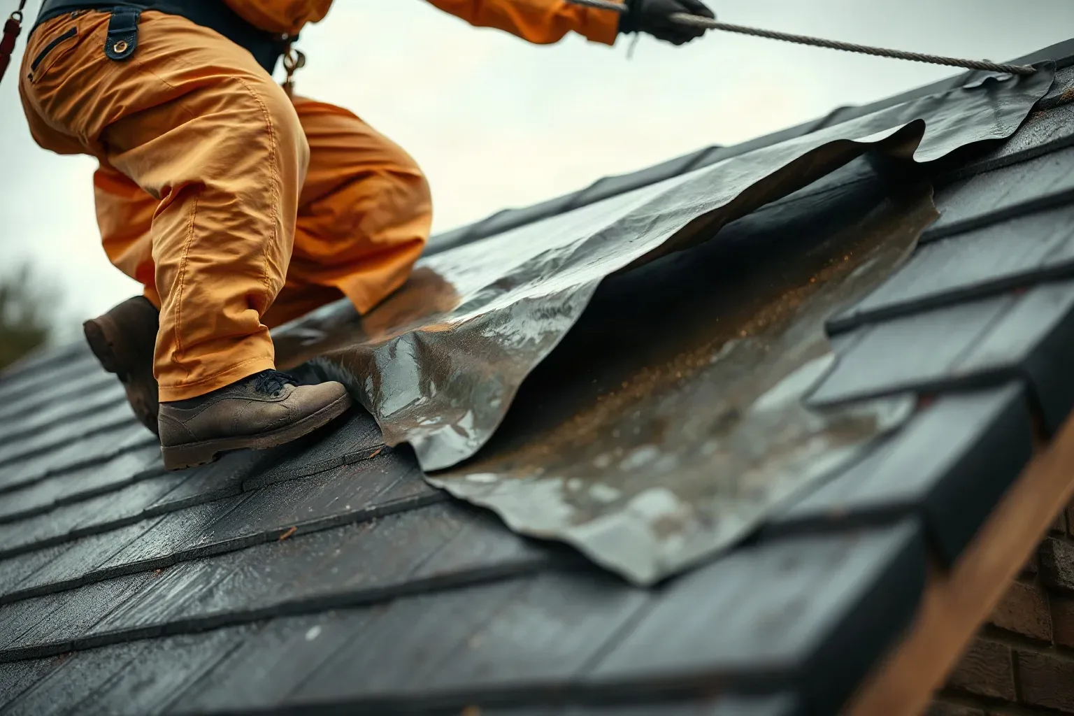A worker in orange overalls crouches on a pitched slate roof, lifting a sheet of metallic underlayment whilst attached to a safety rope