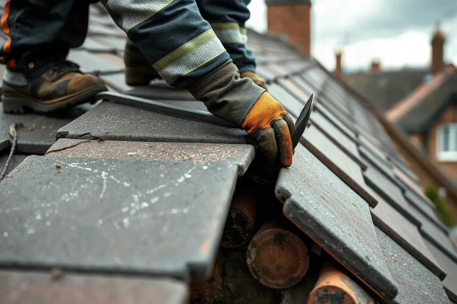 A roofer in workwear using a slate ripper tool to free a cracked clay tile from a steep pitched residential roof while the surrounding undamaged tiles remain in place on a grey day.
