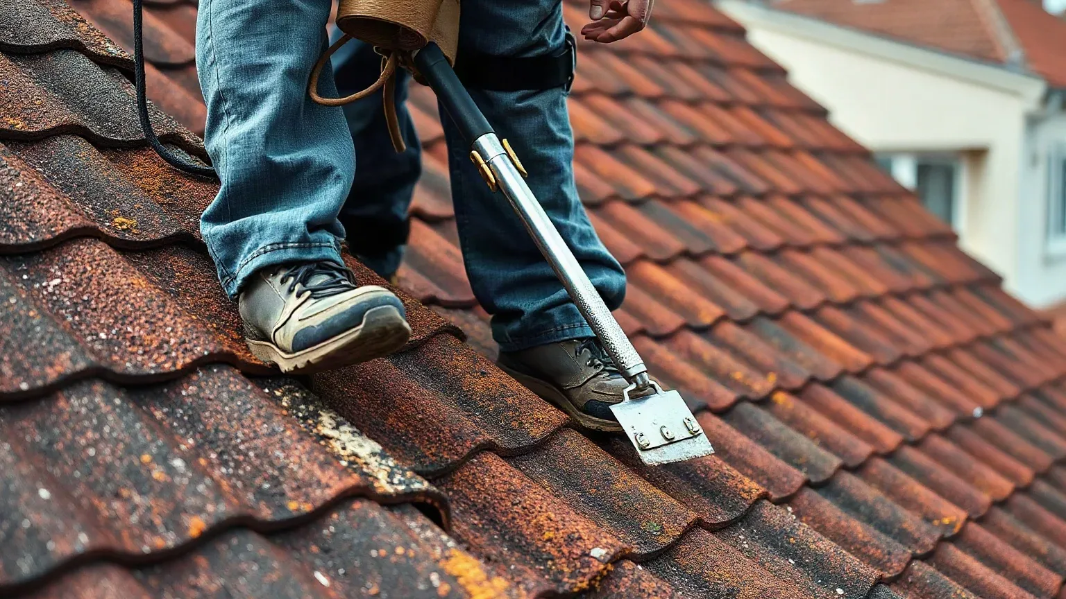 A roofer in a safety harness standing at the eaves of a pitched residential roof and holding a metal roofing trowel while visually inspecting a course of clay tiles from close range.