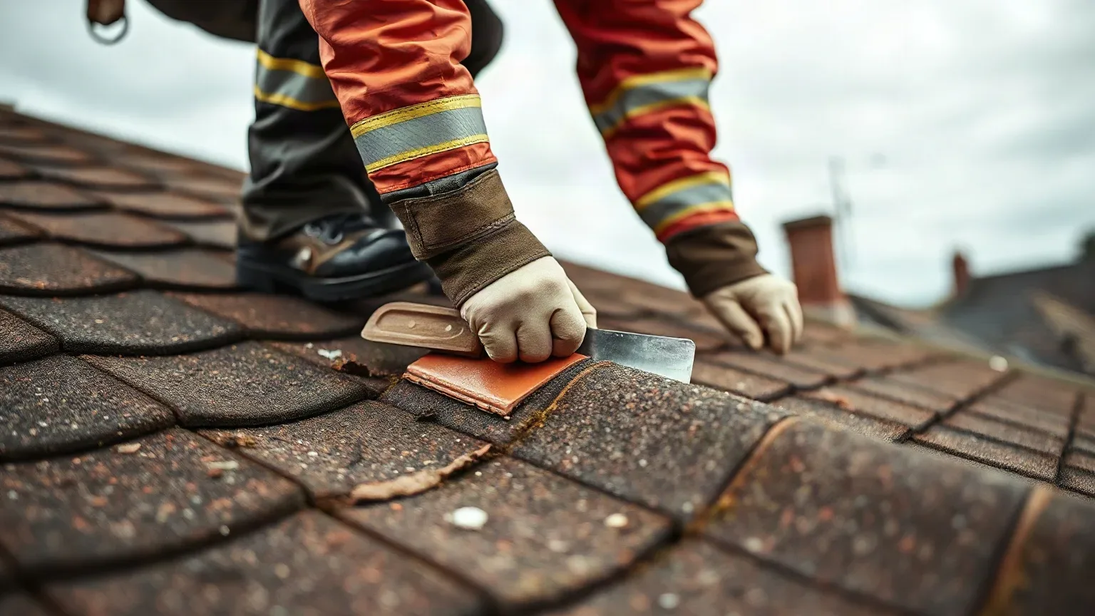 A worker in high-visibility overalls and protective gloves uses a flat tool to lift and replace a damaged shingle on a pitched roof