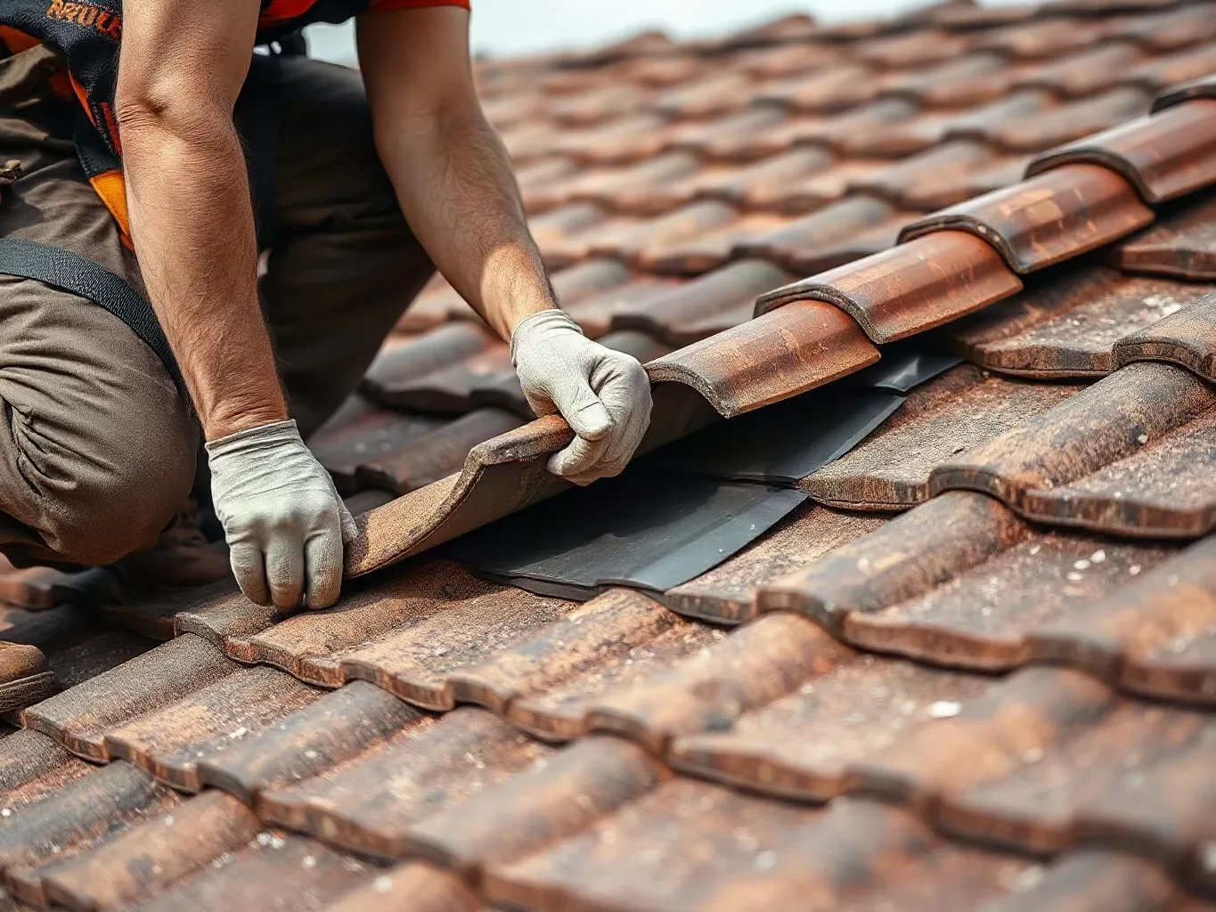 A roofer in a safety harness crouching low on a pitched residential roof and lifting the edge of a clay tile to check the roofing felt underlayment condition beneath during an emergency visit.