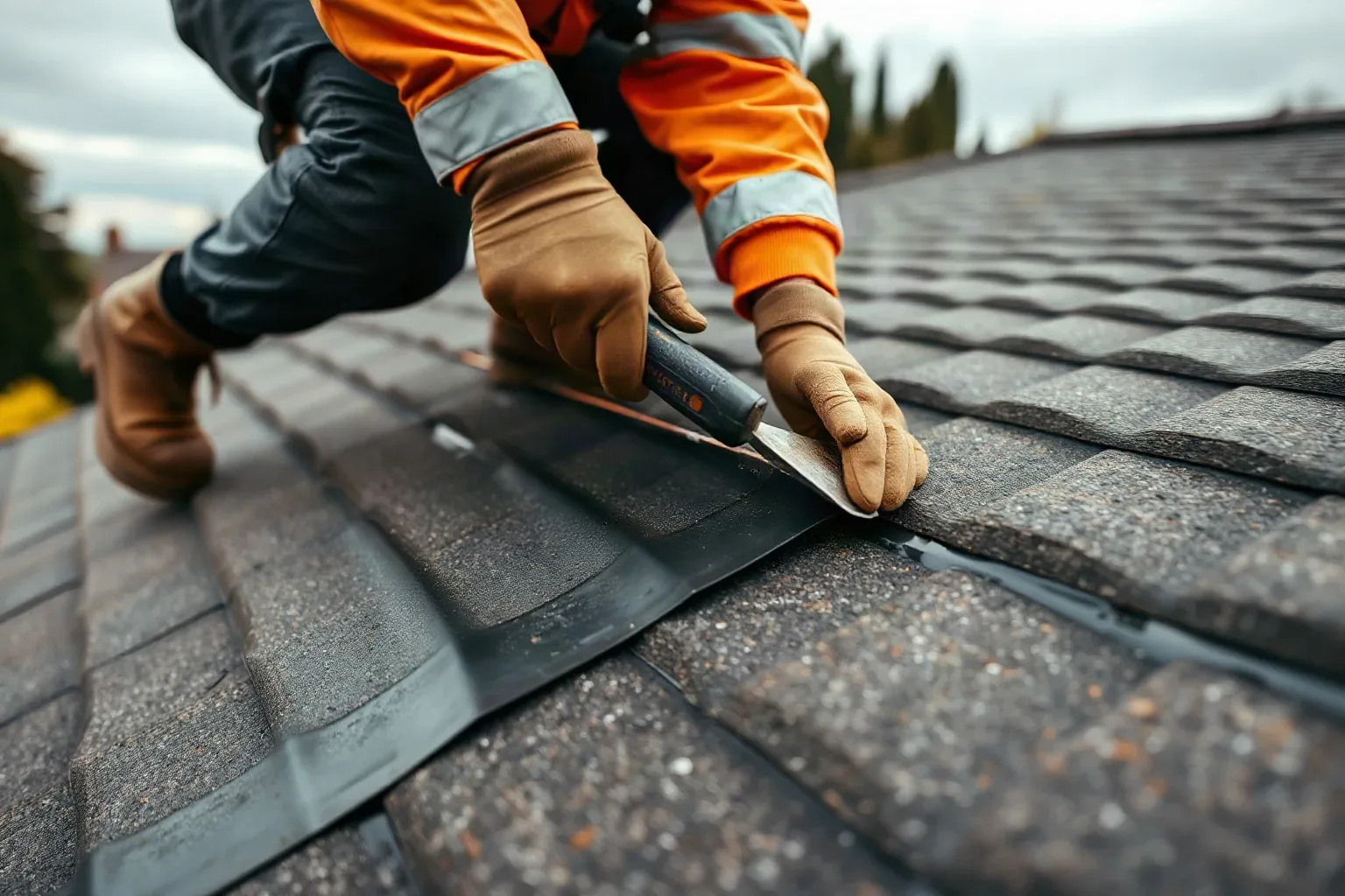 A roofer in full workwear crouching at the edge of a flat residential roof and tucking the trimmed perimeter of an EPDM rubber membrane tightly beneath the drip edge using a metal roofing trowel on a damp grey afternoon.