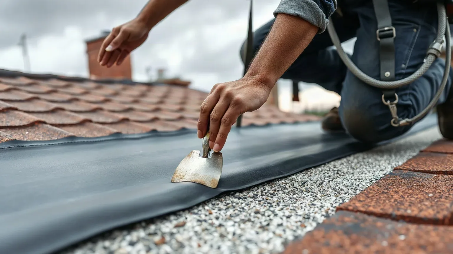 A roofer in a safety harness kneeling on a flat residential roof and pressing a metal roofing trowel along the bonded seam of an EPDM membrane to confirm full adhesion across the lap before trimming the excess edge on a cloudy overcast day.