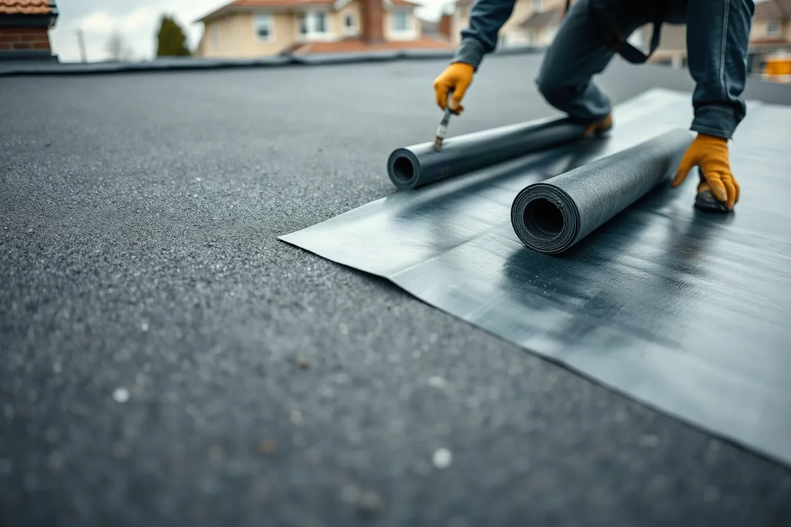 A roofer in full workwear rolling a primed EPDM rubber sheet back onto itself halfway across a flat residential roof deck to expose the adhesive-coated surface before unrolling it into final position on a grey afternoon.