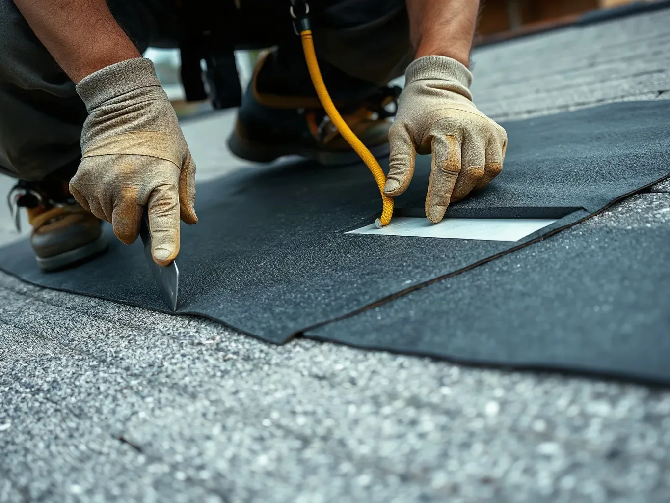 A roofer in a safety harness pressing a rectangular EPDM patch firmly over a punctured section of an existing rubber membrane on a flat residential roof, smoothing the edges down with a metal roofing trowel to seal the repair on an overcast day.