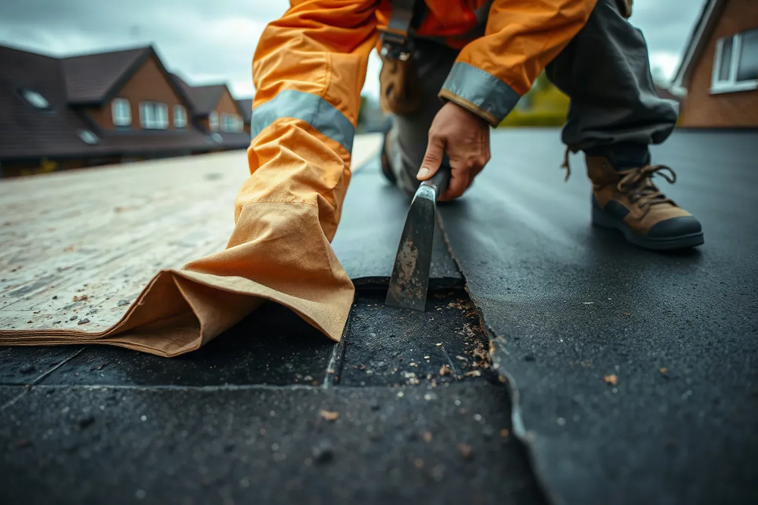 A roofer in full workwear kneeling on a flat residential roof and using a slate ripper tool to cut away a section of blistered felt membrane beside an EPDM-covered area to expose the deck condition difference between the two surfaces on a grey day.