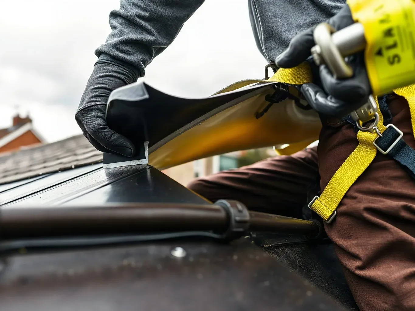 A roofer in a safety harness sealing the upstand flashing detail of an EPDM rubber membrane at the parapet edge of a flat residential roof with self-adhesive detailing tape, pressing it firmly into the internal angle on a damp overcast afternoon.