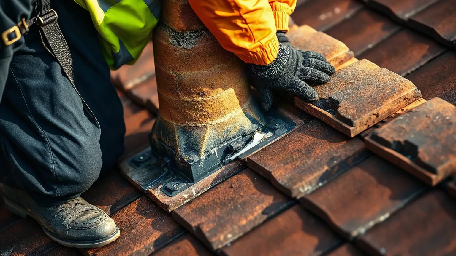 A roofer in full workwear kneeling on a pitched residential roof and closely inspecting cracked mortar joints around the base of a chimney stack, pressing the surrounding clay tiles with a gloved hand to test for movement.