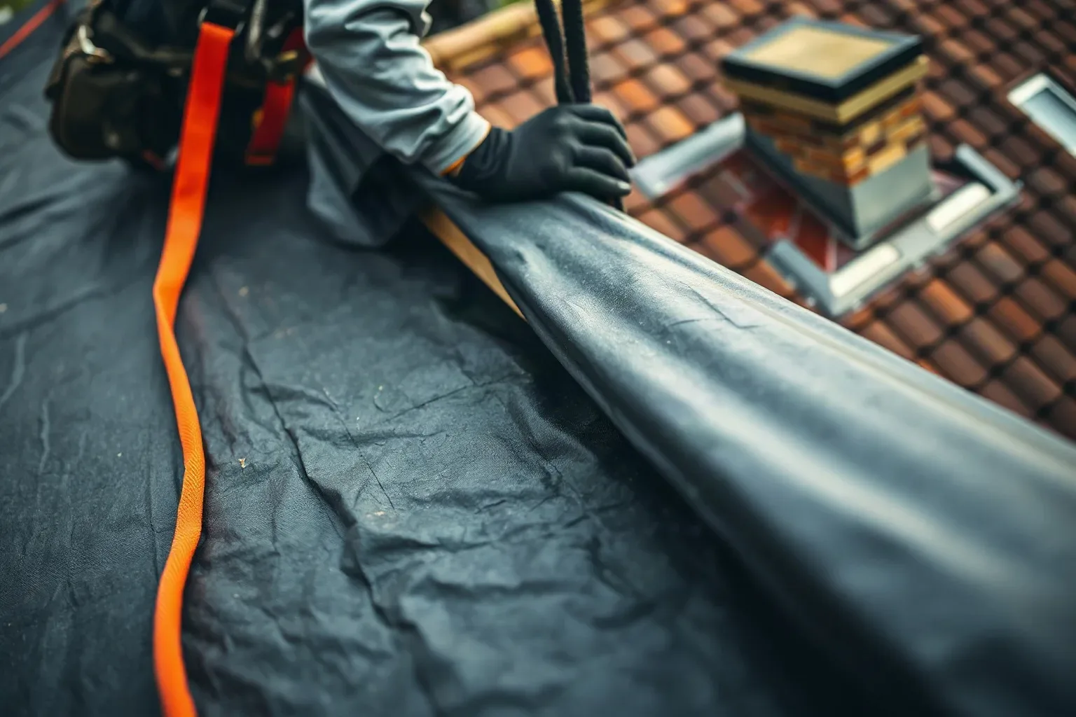 A roofer in a safety harness anchoring a heavy-duty reinforced tarp over a large section of pitched residential roof where a chimney stack has partially collapsed, fixing the tarp edge with a timber batten.