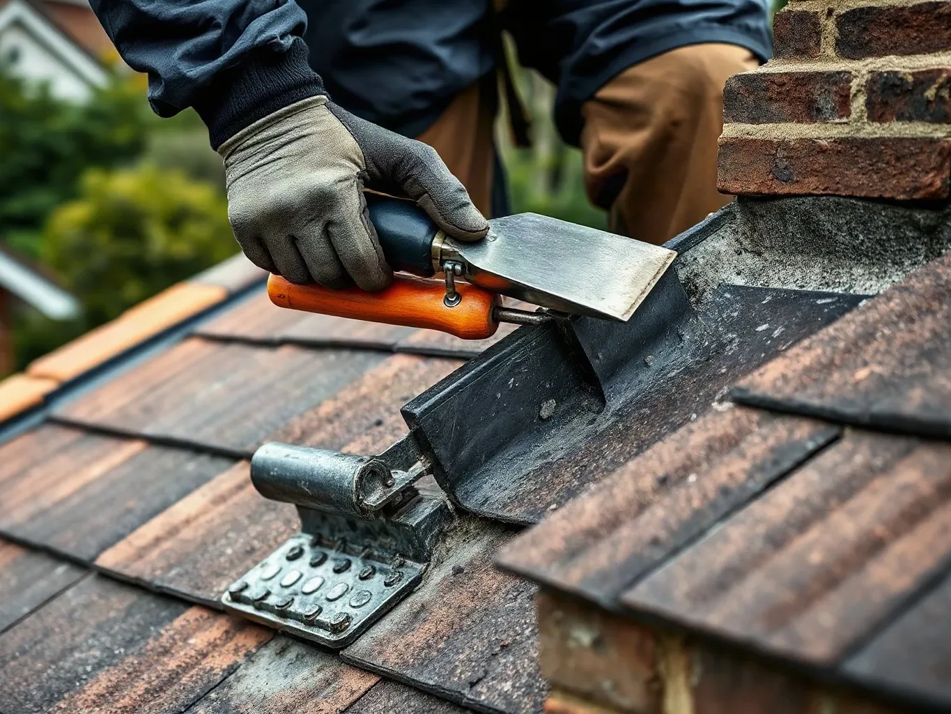 A roofer in workwear using a metal roofing trowel to apply fresh lead flashing around a rebuilt chimney stack base on a pitched residential roof, smoothing the lead strip firmly against the freshly mortared brickwork.
