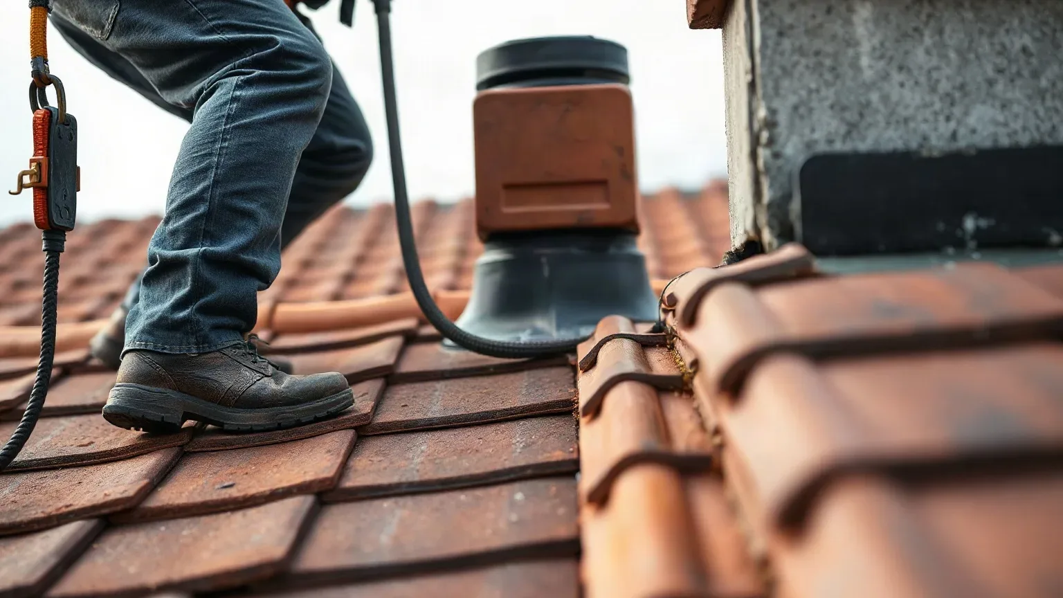 A roofer in a safety harness lifting a clay tile adjacent to a chimney stack on a pitched residential roof to inspect the roofing felt underlayment beneath for water damage following a partial stack collapse.