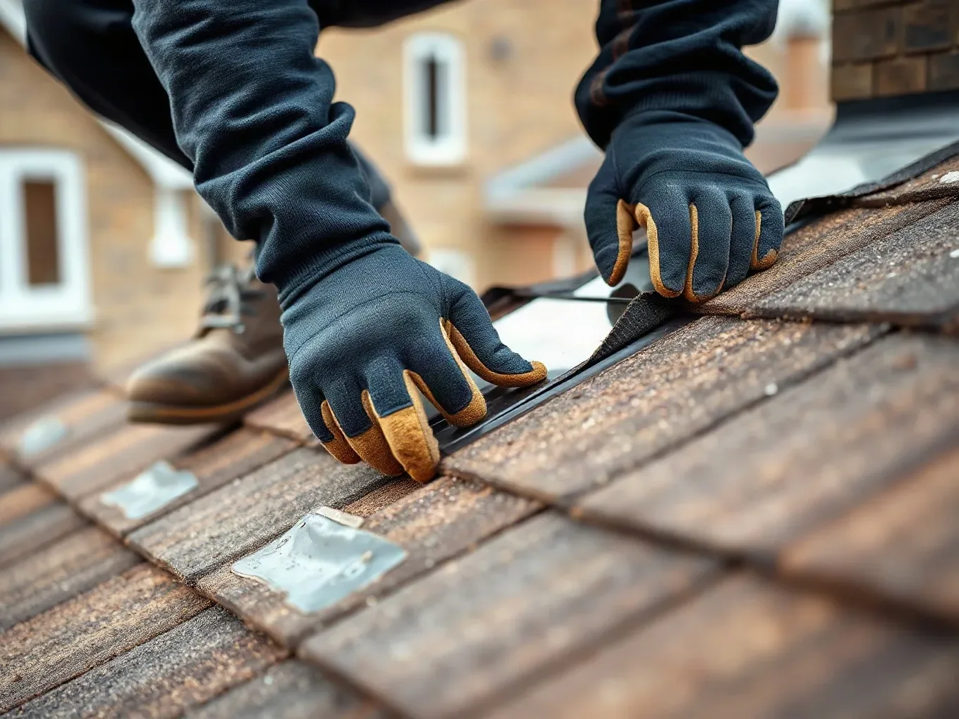 A person wearing two-tone work gloves kneels on an asphalt-shingled roof, lifting roofing felt underlayment with both hands