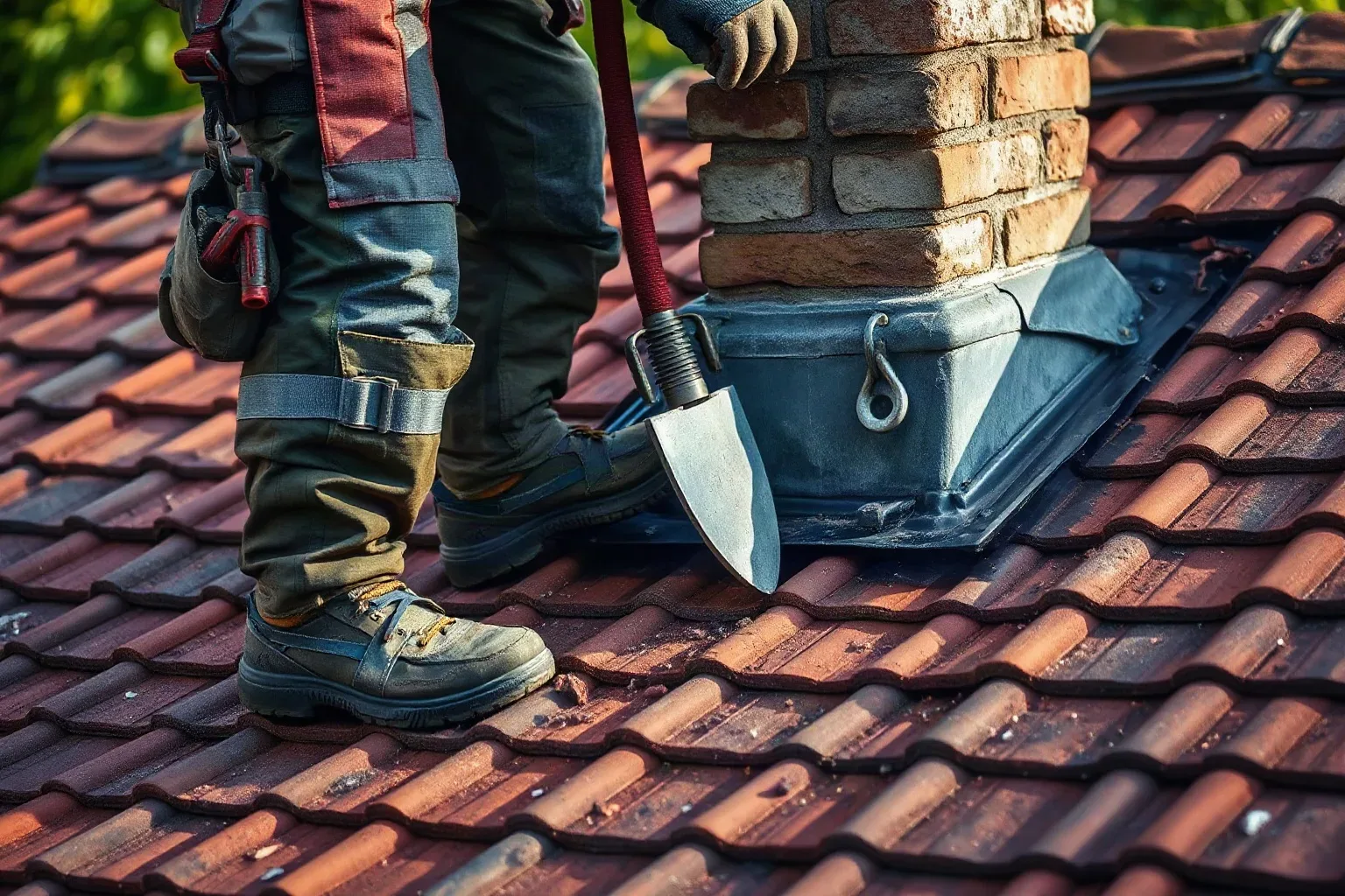 A roofer in a safety harness standing beside a chimney stack on a pitched residential roof and using a slate ripper tool to clear loose debris from the surrounding clay tile course before beginning repair work.