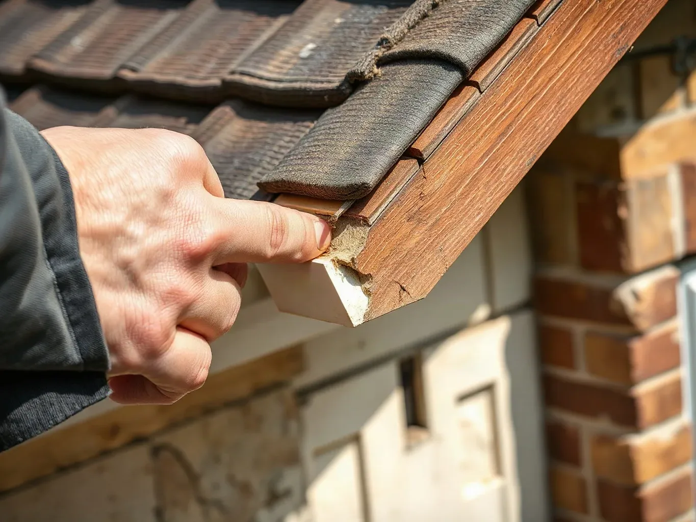 A roofer in workwear pressing both thumbs into a softened section of painted timber fascia board at the eaves of a pitched residential roof to demonstrate the extent of rot before recommending full replacement.