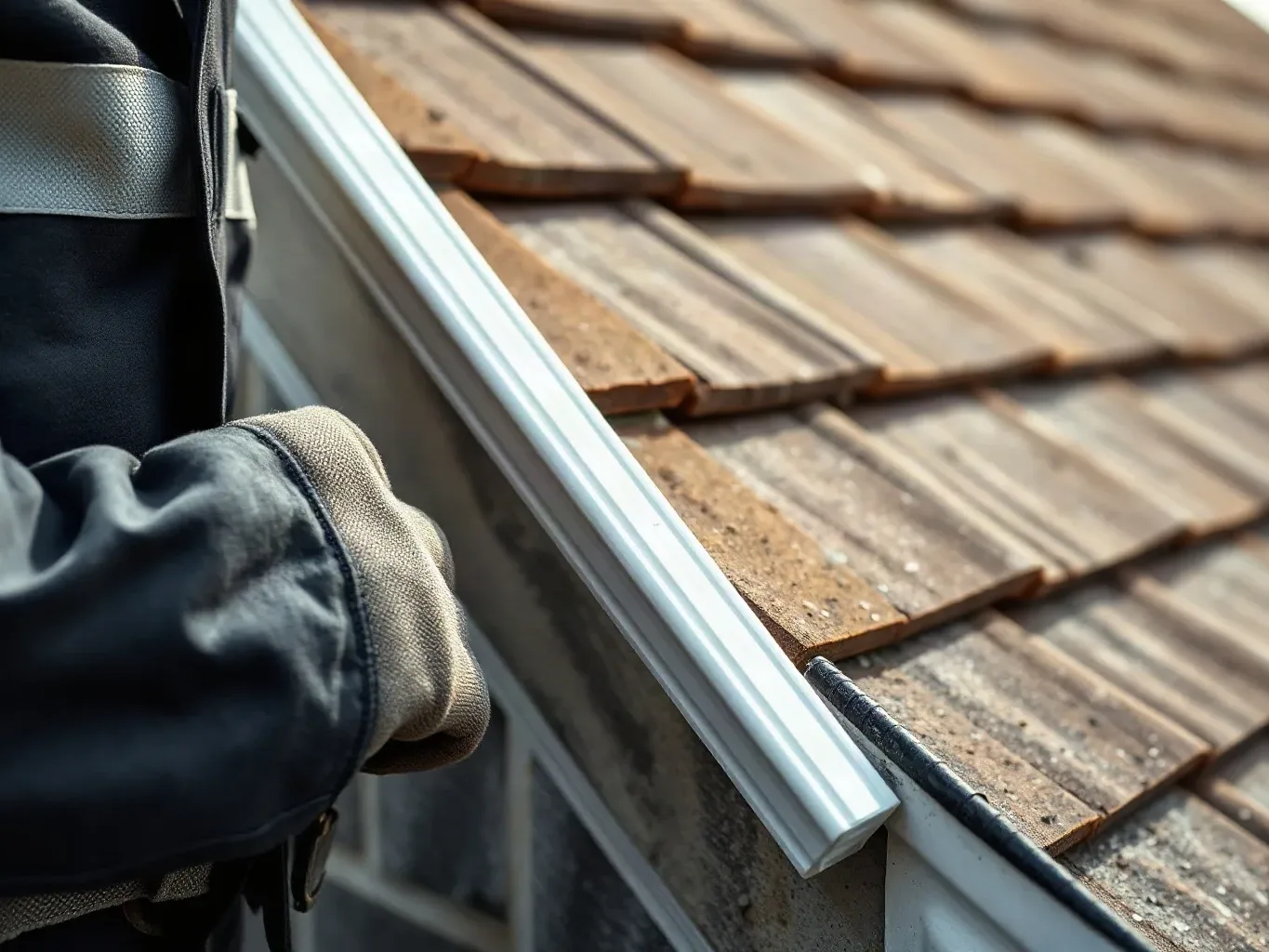 A roofer in full workwear holding a length of uPVC fascia board up against the existing rafter feet at the eaves of a pitched residential roof to check its width and profile match before cutting it to length.