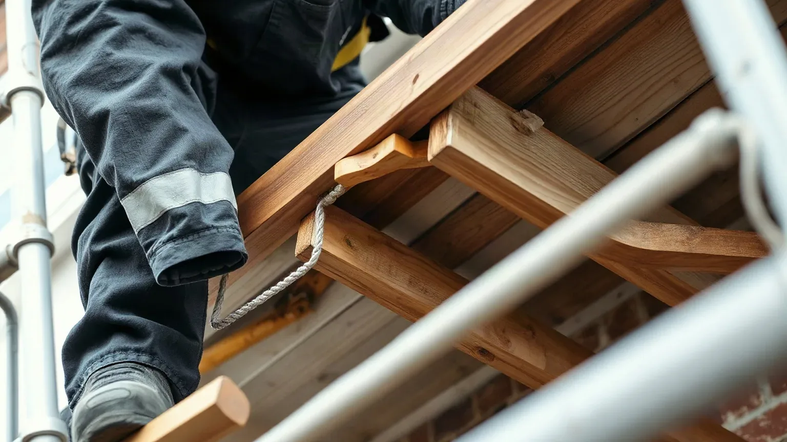 A roofer in workwear on a scaffold platform at the eaves of a pitched residential roof removing the last length of old timber fascia board to expose the rafter feet below before fitting replacement uPVC.