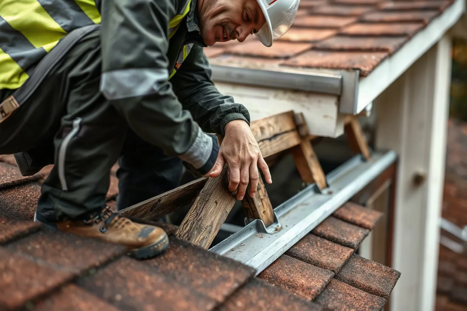A roofer in full workwear crouching at the eaves of a pitched residential roof and examining the exposed rafter feet after removing an old fascia board, pressing each timber to check for rot before specifying the repair scope.