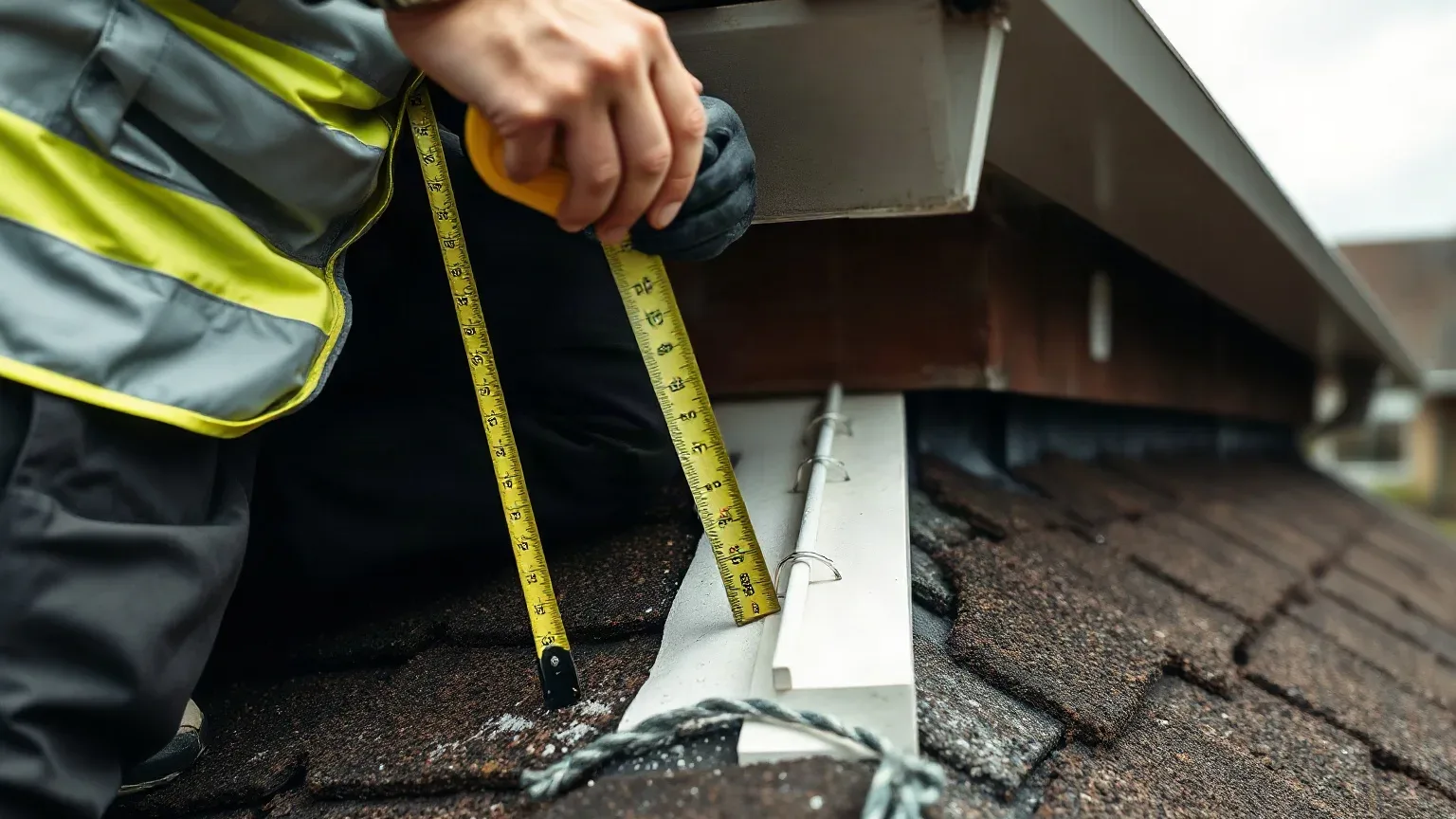 A roofer in workwear measuring the linear run of a fascia board along the eaves of a pitched residential roof with a tape measure before writing up a replacement quotation on a grey overcast day.