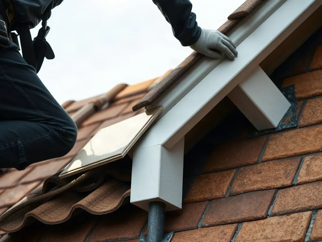 A roofer in a safety harness crouching at the roofline of a pitched residential roof and pressing a replacement uPVC fascia board into position against the rafter feet, clay tiles and visible roofing felt underlayment at the eaves edge beside them.